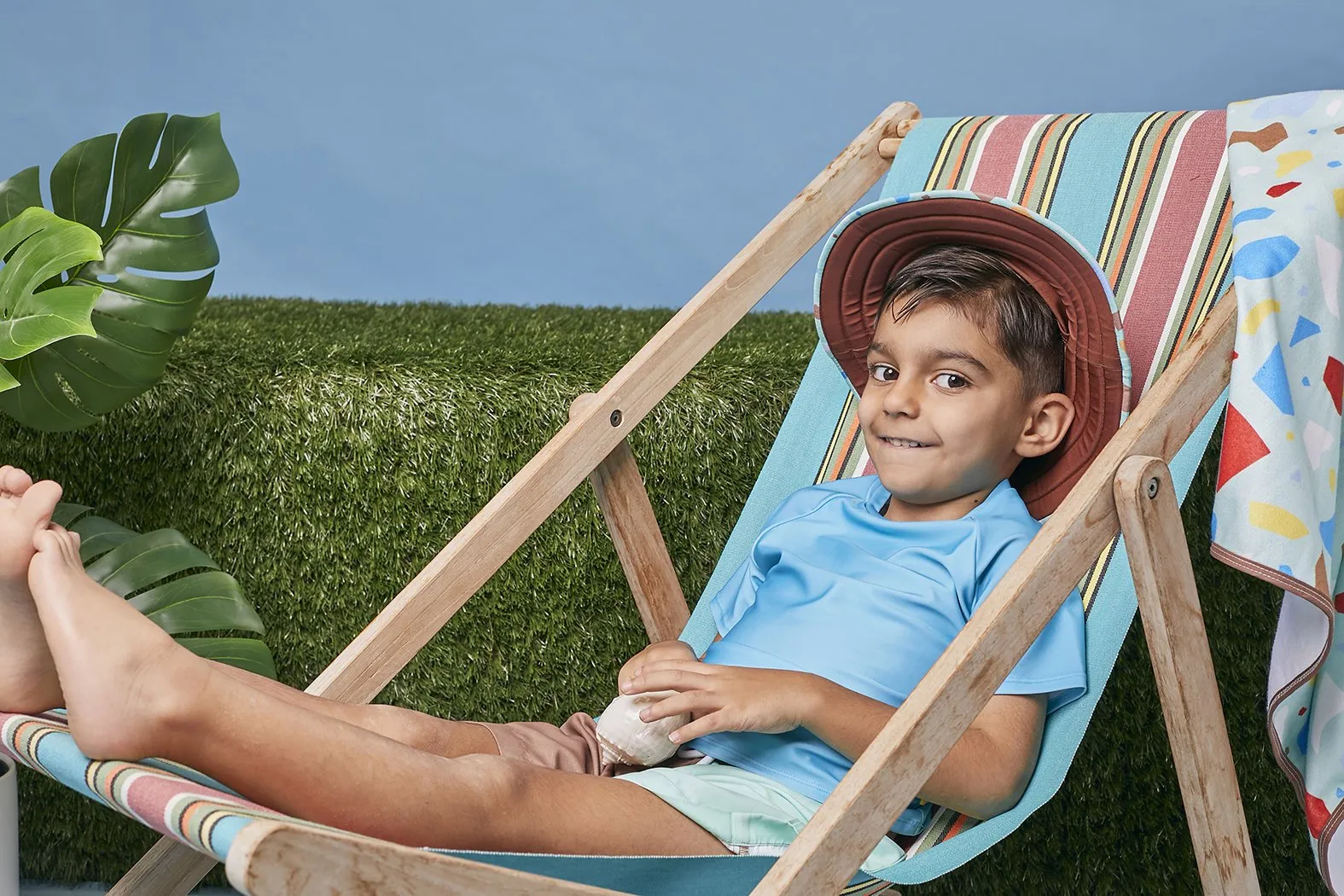 Kids Wide Brim Bucket Hat Ocean Glass Green & Brown