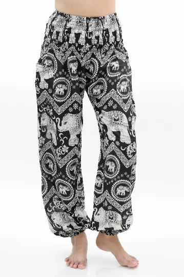 Unisex Bohemian Elephant Chevron Print Harem Pants- Black