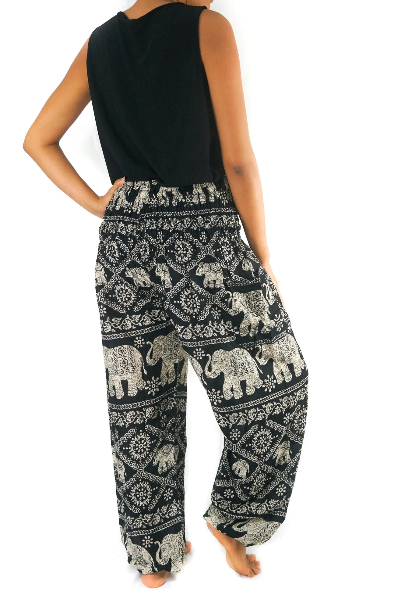 Unisex Bohemian Elephant Lattice Print Harem Pants- Black
